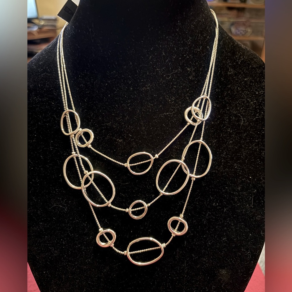Chico’s Silver Tone Multi-strand Statement Necklace with Circular Accents, NWT